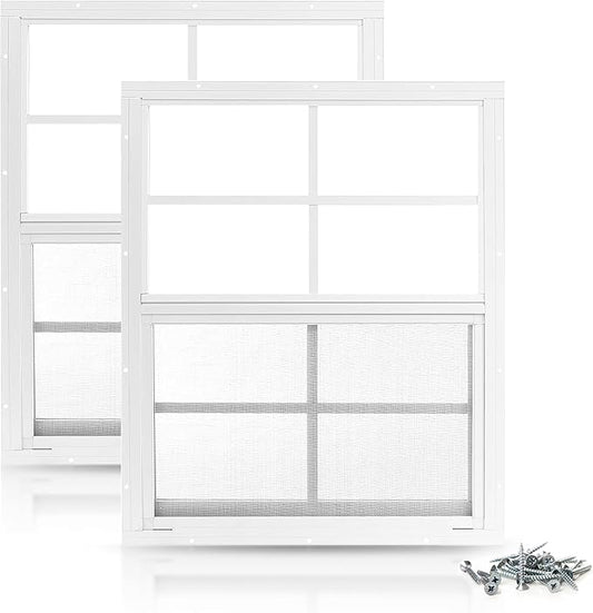 PRO FLEX 2 Pack Shed Window 14" x 21" - Ultra Thick White Aluminum Flush Mount with Tempered Glass and Screen - Shed Windows with Vertical Slider and Screws for Chicken Coop, Sheds, Barns, Playhouses