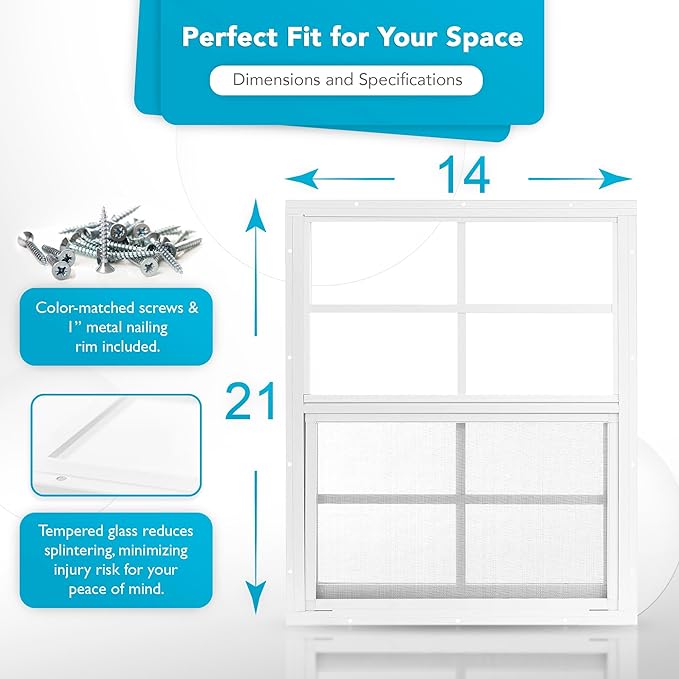 PRO FLEX 2 Pack Shed Window 14" x 21" - Ultra Thick White Aluminum Flush Mount with Tempered Glass and Screen - Shed Windows with Vertical Slider and Screws for Chicken Coop, Sheds, Barns, Playhouses