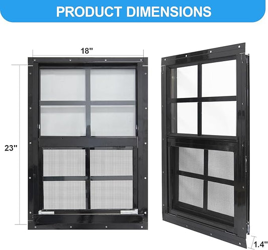 NeatiEase 2 Pack Shed Window with Black Frame, 18x 23 Flush Mount Small Window with Tempered Glass and Fiberglass Screen for Shed, Chicken Coop, Playhouse, Household, Garage