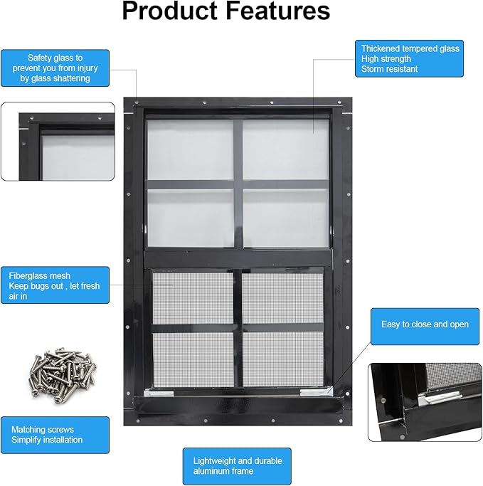 NeatiEase 2 Pack Shed Window with Black Frame, 18x 23 Flush Mount Small Window with Tempered Glass and Fiberglass Screen for Shed, Chicken Coop, Playhouse, Household, Garage